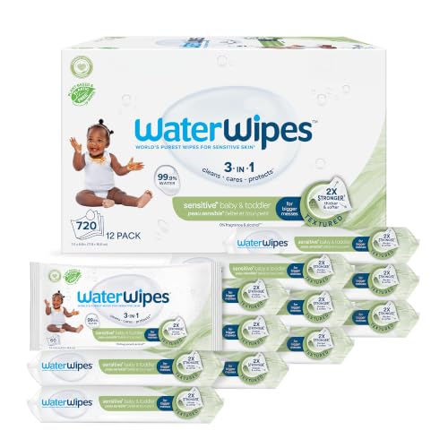 Image of WaterWipes Sensitive+ Baby & Toddler Wipes, 3-In-1 Cleans, Cares, Protects, 99.9% Water, Textured Clean, Unscented & Hypoallergenic, 720 Count (12 Packs)