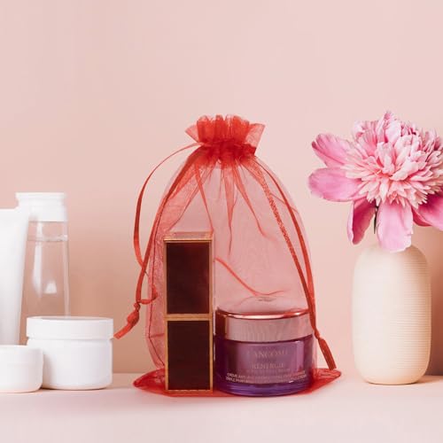 Image of 50PCS Red Organza Bags 5x7, Small Gift Bags for Women, Gift Wrap Bag Drawstring Mesh Pouches for Jewelry Makeup Candy Soap Treats, Sheer Baggies for Birthday Mother's Day Wedding Party Favors