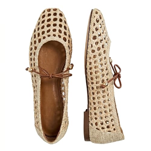 DBQGRDZ Women Woven Mesh Ballet Flats Raffia Lace up Ballerina Mary Jane Flats Fashion Casual Slip on Shoes Brown