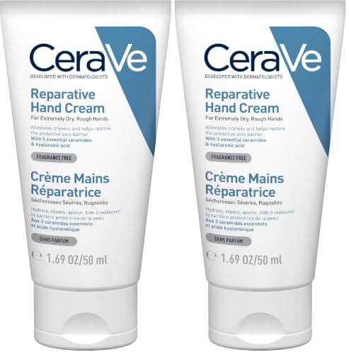 CeraVe Crema Reparadora de Manos, Para Manos Secas y Ásperas, Alivia la Sequedad y Restaura la Barrera Protectora de la Piel, Con 3 Ceramidas Esenciales y Ácido Hialurónico, 50ml (Paquete de 2)