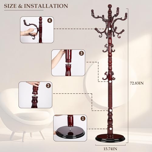 Wood-Coat-Rack-Freestanding-Natural-Coats-Tree-Stand-with-14-Hooks-73-Sturdy-and-Easy-Assembly-Coat-Rack-Stand-for-Entryway-Hallway-Bedroom-Bags-Hats-Heavy-duty-Disc-Base-Rosewood Wood Coat Rack Freestanding Natural Coats Tree Stand with 14 Hooks 73 Sturdy and Easy Assembly Coat Rack Stand for Entryway Hallway Bedroom Bags Hats Heavy duty Disc Base Rosewood