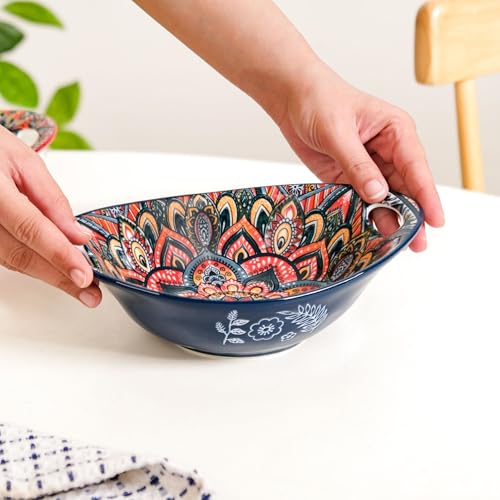 Image of Nestasia Mandala Ceramic Serving Bowl with Handles (400 ml) - Microwave & Dishwasher Safe Pasta Bowl | Floral Bowl with Glossy Finish - Ideal for Soup, Curries, Snacks, Salad & Noodles (Blue)