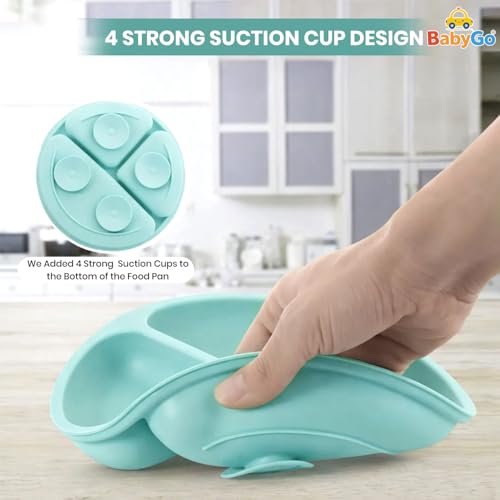 Image of BabyGo Silicone Suction Plate with Spoon for Babies | Microwave, Dishwasher & Freezer Safe | Unbreakable Feeding Plate with 4 Suction Cups for Babies & Toddlers | BPA-Free (Light Blue)