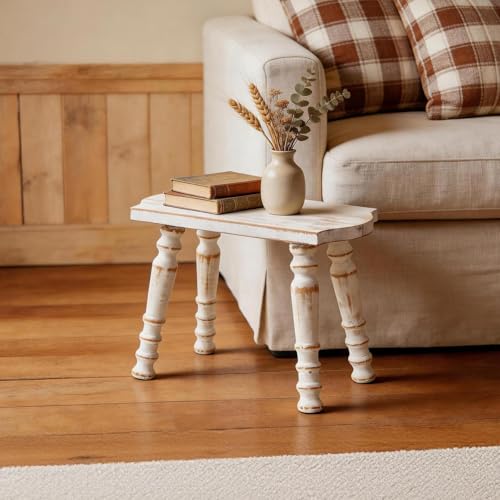 Image of 100% Solid Wooden Stool, Farmhouse Wood Step Stool for Adults, Rustic Plant Stool, Vintage Small Stools for Bathroom, Kitchen, Bedroom, Plant Stand, Home Decor