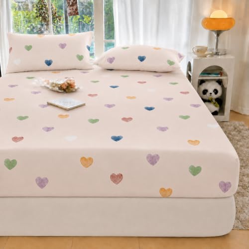 Image of VOMZER King Size (72x78) 300 TC Soft Cotton Feel Microfiber All Around Elastic Fitted Double Bedsheet with 2 Pillow Covers | Dust Pink Heart