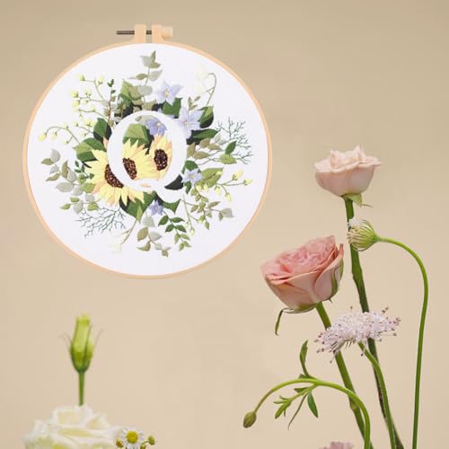 Image of IUHUI Embroidery Kit for Beginners Adults - 26 Floral Letters Easy Patterns, DIY Hand Stitching Embroidery Set with Hoop (Flower and Grass Letter Q)