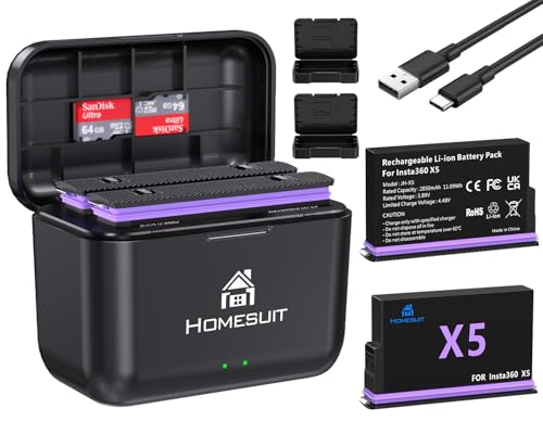 Homesuit Insta 360 X5 Akku 2er-Pack 2850mAh & Dual-Slot LED Ladegerät Kit Kompatibel mit Insta360 X5 Action Kamera Zubehör mit Misro SD Kartensteckplätzen