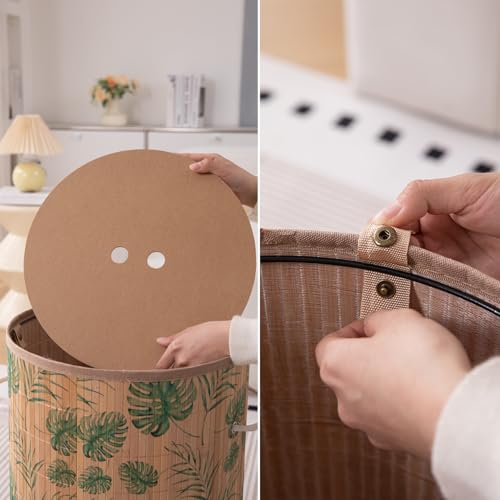 Image of HOKIPO Eco-Friendly Foldable Bamboo Laundry Basket Hamper with Lid, Large, 48 Litre, Tropical Leaves (AR-5750)