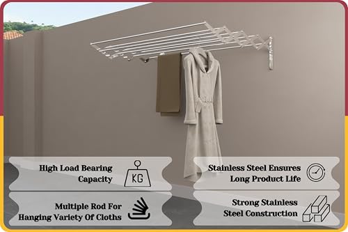 Image of Amiraj Foldable Wall Mounted Clothes Drying Stand |Heavy Duty Rust-Free Stainless Steel Zigzag Cloth Dryer Rack|8 Rod, 4 Feet |Space Saving Laundry Drying Rack for Balcony, Bathroom, Indoor & Outdoor