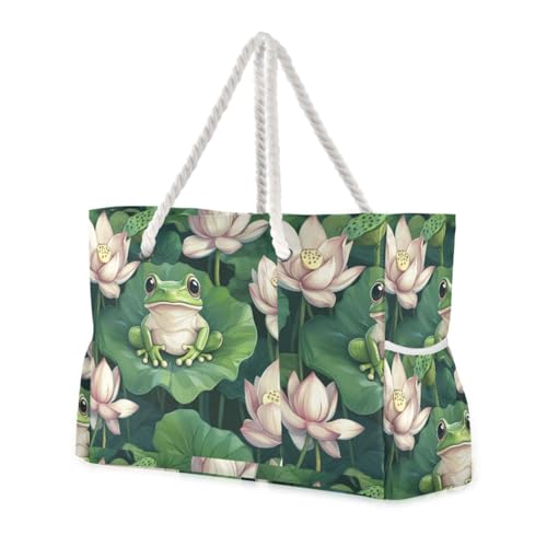 Cartoon Frog Beach Bag & Travel Tote Bag Large Sandproof with Zipper Closure, Wet Pouch for Swim Gym Travel, Lightweight Foldable Outdoor Bag