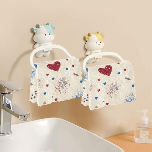 Image of Cotton Kitchen Dish Cloths, Blue Hearts with Fireworks Pattern Ultra Soft Absorbent Quick Drying Dish Towels, 11 x 11 Inches, 6-Pack, Reusable Cleaning Cloths