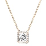 PAVOI 14K Gold Plated Post Faux Diamond Princess Cut Pendant Halo Necklace in Rose Gold