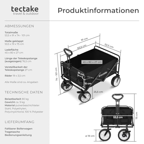 tectake Bollerwagen faltbar, Transportwagen klappbar, mit Tasche, Handwagen zum Ziehen, breite Gummireifen, Faltbarer Trolley zum Transport, für den Strand, im Garten, belastbar bis 80kg (schwarz)