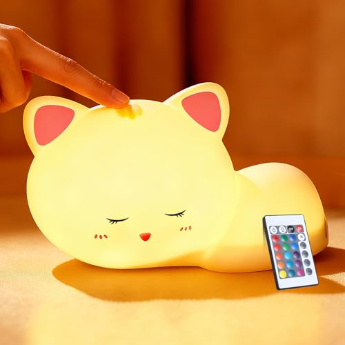 Nachtlicht für Kinder, Touch-Steuerung mit 16 Dimmstufen und Fernbedienung, 30/60-Minuten-Timer, Niedliches Wiederaufladbares Silikon-Nachtlicht in Nachtlicht Katze, Stilllicht für das Schlafzimmer