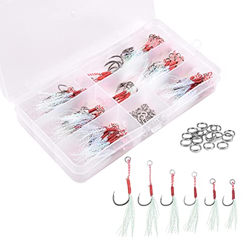 130Pcs Cast Jigs Assist Hook With Double Split Ring High Carbon Steel Single Jig Hooks Fishing Jigging Hooks For Saltwater Freshwater Fishing #TOP4