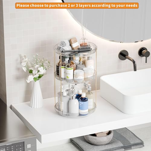 Yieach Acrylic 360 Rotating Makeup Organizer and Perfume Organizer,2 Tier Make Up Holder and Acrylic Skincare Organizers for Countertop,Vanity,Bathroom,Clear Spinning Beauty Organizer for Face Product