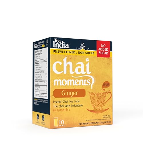 Tea India Chai Moments Unsweetened Ginger Chai Tea Instant Latte Mix Flavorful Blend Of Premium Black Tea, Ginger & Natural Ingredients Traditional Indian Caffeinated Tea Individually Wrapped 10 Sachets