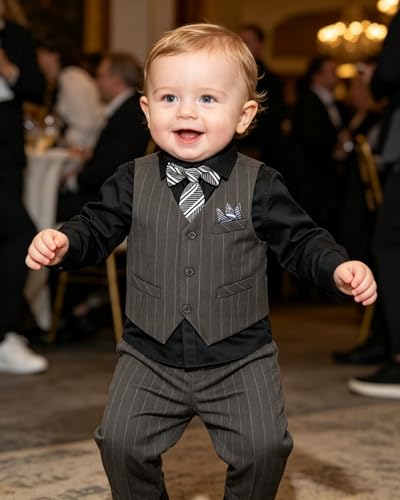 Image of Baby Boy Suits Formal Stripe Gentleman Tuxedo Suit Set Complete Dress Clothes Toddler Wedding Ring Bearer Outfit