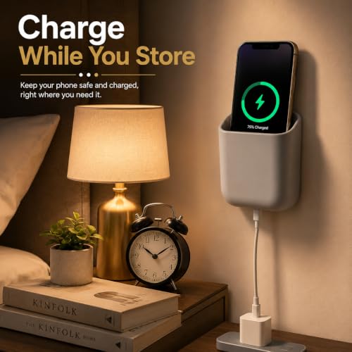 Image of STEPALZZ Wall Mount Mobile Holder Stand (Pack of 4) Self Adhesive Phone Charging Holder Plastic Remote Holder Wall Storage Pocket for Mobile Phone TV AC Remote Charging Organizer for Home Office