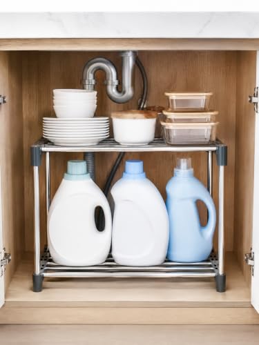 Image of HOOBRO Under Sink Organizers,Bathroom cabinet Cabinet Shelf Organizer 2 Tier Under Storage Rack with Removable Panels,Plastic Storage Organizer Adjustable Kitchen Rack Holder