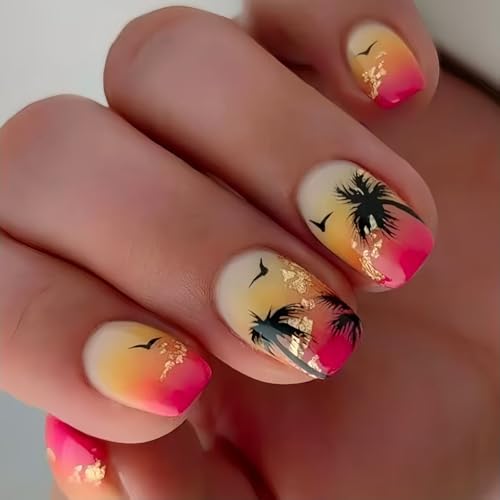 Sunset Coconut Tree Press On Nails Short Square, Pink Orange Gradient Fake Nails with Cloud and Seagull Print, Reusable Summer Beach Glue On Nails for Women, Vacationv,12Sizes-24 Nail Kit