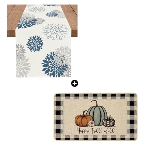 WHOMEAF Blue Gray Table Runner Dahlia Pinnata Flower Beige Table Runners Happy Fall Y'all Doormat Autumn Buffalo Check Plaid Pumpkin Door Mats Cover
