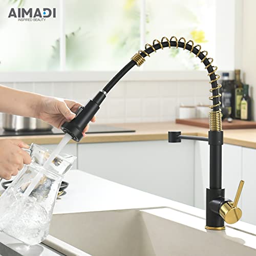 Aimadi Matte Black Kitchen Faucet,Black And Gold Kitchen Faucet With Pull Down Sprayer Commercial Single Handle Spring Kitchen Faucet For Kitchen Sink,Matte Black & Gold #TOP1