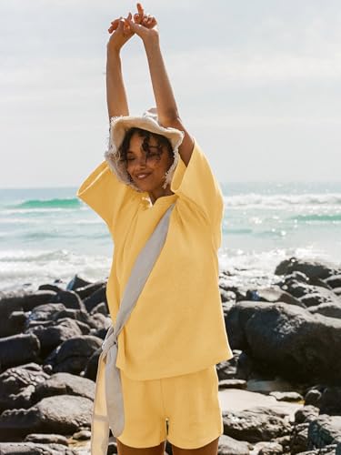 Image of Tankaneo Womens Short Sets 2 Piece Outfits 3 /4 Sleeve Tops and Elastic Waist Shorts Lounge Set Casual Loungewear