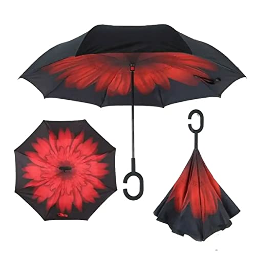 Costume Bay Double Layer Reversible Golf Umbrella | Inverted Blunt Umbrella for Men and Women |UV Protection Umbrella Windproof with C-Shaped Handle - Rain umbrellas Outdoor | Red Daisy