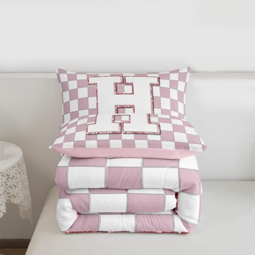 Image of Erosebridal Pink Initial H Comforter Set Queen Kawaii Plaid Checkered Bedding Set Cute Personalized Monogram Comforter for Kids Girls Teen Women,Fashion Grids Gingham Quilt Duvet