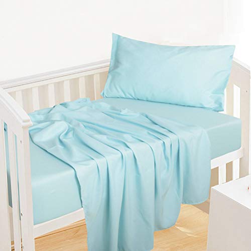 organictune 3 Piece Microfiber Bed Sheets Set, Super Soft and Fade Resistant Crib Sheet Set - Flat and Fitted Sheet, Pillowcase, Aqua