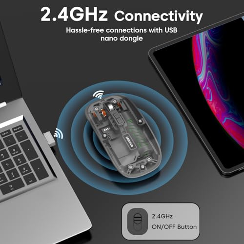Image of Sounce AeroClick Transparent Wireless and Bluetooth Rechargeable Mouse with 500mAh Battery, 3 Adjustable DPI 800 1200 1600, Dual Bluetooth 5.1 and 2.4GHz Wireless, LED Display for PC Laptop Mac (Grey)