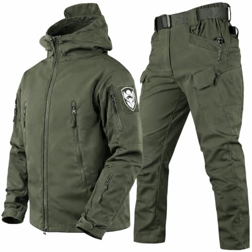 VBVARV Taktischer Softshell Anzug Herren, 2-teiliges Outdoor Set mit Jacke und Hose, windabweisend, wasserabweisend, mit Funktionstaschen, für Arbeit, Wandern und Freizeit, Armeegrün,Military Green,M