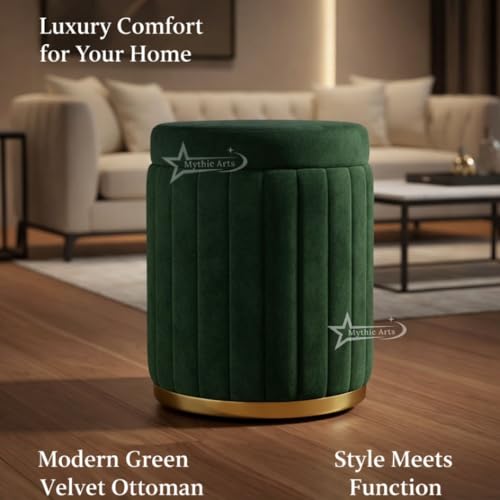 Image of Round Strip Stool with Cushion Foot Rest Office Stool Pouf Ottoman Padded Seat in Living Room - Green