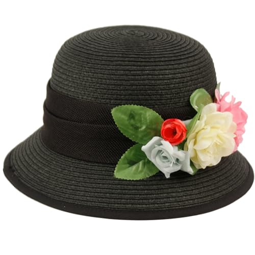 Womens Gatsby Linen Cloche Hat with Lace Band and Flower (CL2796 Black)