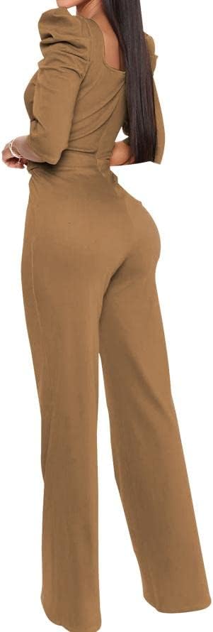 DinyIn Women's Elegant Brown Jumpsuit Sexy V-Neck Puff Sleeves Pant Suits Dressy Wide Leg Evening Party Jumpsuits with Belt,XX-Large - Image 2