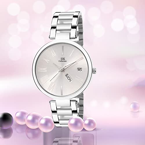 Image of IIK COLLECTION Watch for Women Round Studded Dial |Day and Date Quartz Movemnet |Long Battery Life|Stainless Steel Bracelet Chain Strap|Double Lock Clasp Safety Watches for Girls