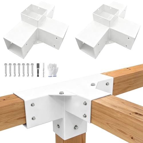 Image of 4-Way Pergola Brackets Kit,DIY Right Corner Woodwork White Brackets for 4 inch x 4 inch (Actual:3.5 inchx3.5 inch) Lumber for Patio Pergolas, Gazebos, Log Cabin W /Hardware (2 Pack)