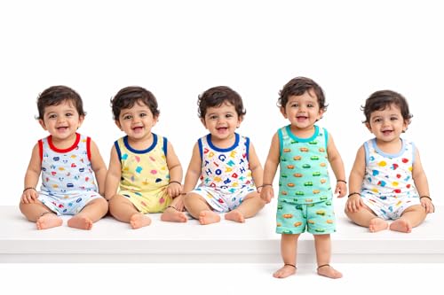 Image of Tinchuk Cotton Sleeveless T-Shirt and Shorts Hero Print Set Pack of 12 (6 Tshirt + 6 Shorts) Multi-Coloured 