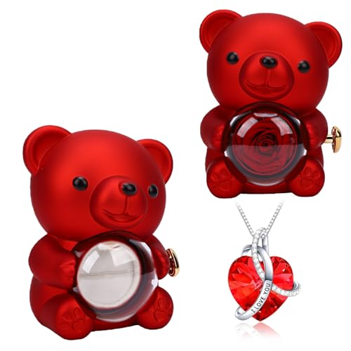 SIXRUN Collar de Oso Caja de Regalo Giratoria, Caja de Joyería Rosa de Oso Flor Conservada Regalo Romántico para Esposa Madre Novia Aniversario (Rojo)