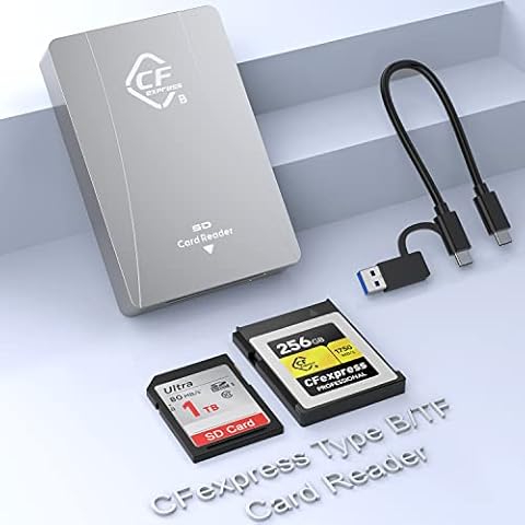 2-in-1 CFexpress Type B Reader & SD Reader USB 3.1 Gen 2 10Gbps Cf Express Type B Card Reader Aluminum Memory Card Reader USB &USB C Dual Slot CFexpress Readers Adapter for Android/Windows/Mac OS Cover