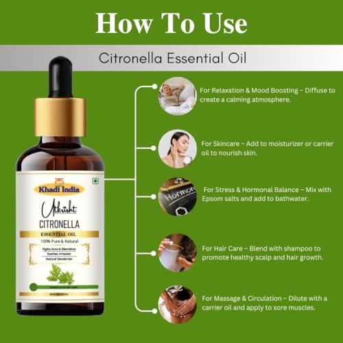 Image of Khadi Citronella Essential Oil 15ml | Pure & Natural Oil | Moisturizes, Nourishes, Deodorizes, Soothes Irritation | Aromatherapy, Skin Care, Hair Care, Massage, Relaxation Oil with Dropper