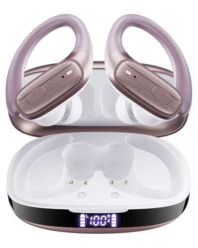 Image of LEEMC Wireless Earbuds, Bluetooth Headphones 5.4, 80Hr Playtime Ear Buds with Hooks for Sports, Noise Canceling, LED Display, IPX7 Waterproof Earphones for Workout Running, Rosegold