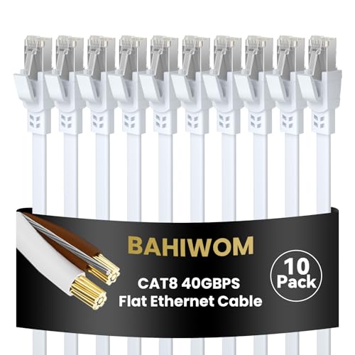 BAHIWOM Cat8 Ethernet Kabel 0,5m 10-St&uuml;ck, 40 Gbit/s 2000 MHz Cat 8 Lan Kabel-Netzwerkkabel Gigabit RJ45 Patchkabel, Flach Hochgeschwindigkeits Internetkabel f&uuml;r Router Laptop PS5 - Wei&szlig;
