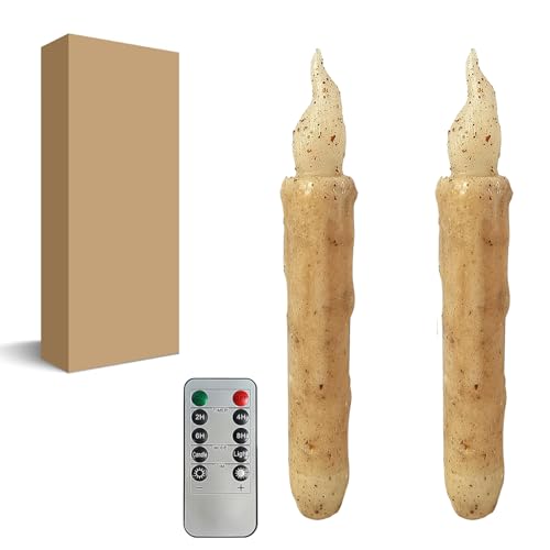Image of Retro Khaki Flameless Short Taper Candles, Real Wax Hand Dipped LED Battery Operated with Remote, Flickering Flame Lights for Party Home Decor, 6.7 Inch Primitive Flameless Candles, 2PCS