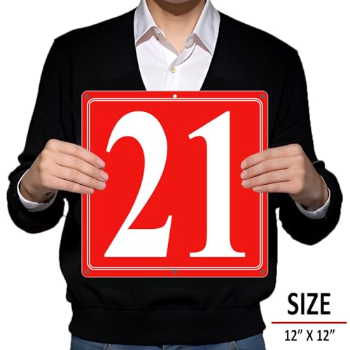 Image of Premium Aluminum Number Signs 21, Metal 12 inch X 12 inch Red Numbered Signs Outdoor for Parking Lots, Floor, Dock, Court, Aisle, Field, High Visibility, No Fade, Weather-resistant
