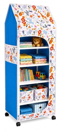Image of HYSEYY Baby Wardrobe Plastic Kids Storage Rack with Fabric Cover & Wheels | 6-Tier Plastic Shelves Organizer | Toy, Book & Clothes Storage Cabinet for Kids Room (Animal Pattern)