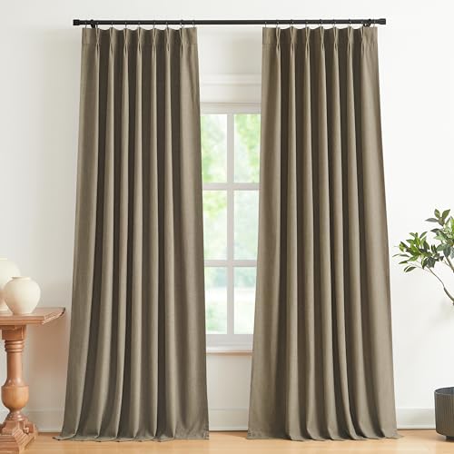 Image of Vision Home Brown Pinch Pleated Full Blackout Curtains Linen Blended Room Darkening Window Curtains 102 inch for Living Room Bedroom Thermal Insulated Pinch Pleat Drapes with Hooks 40 inch Wx102 Lx2
