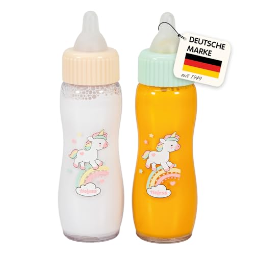 Heless 930   Set mágico de biberones para muñecas «Henri el Unicornio», Accesorios para muñecas Que Incluye 2 biberones con Leche y Zumo mágicos