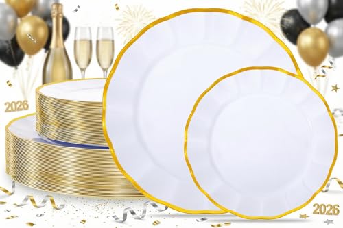 supernal 60 pcs White and Gold Plastic Plates for Party Fancy Elegant Scalloped Plates Heavy Duty Bridal Shower Plate Wedding Disposable Dinnerware Included 30 Gold Dessert Plate and 30 Dinner Plate